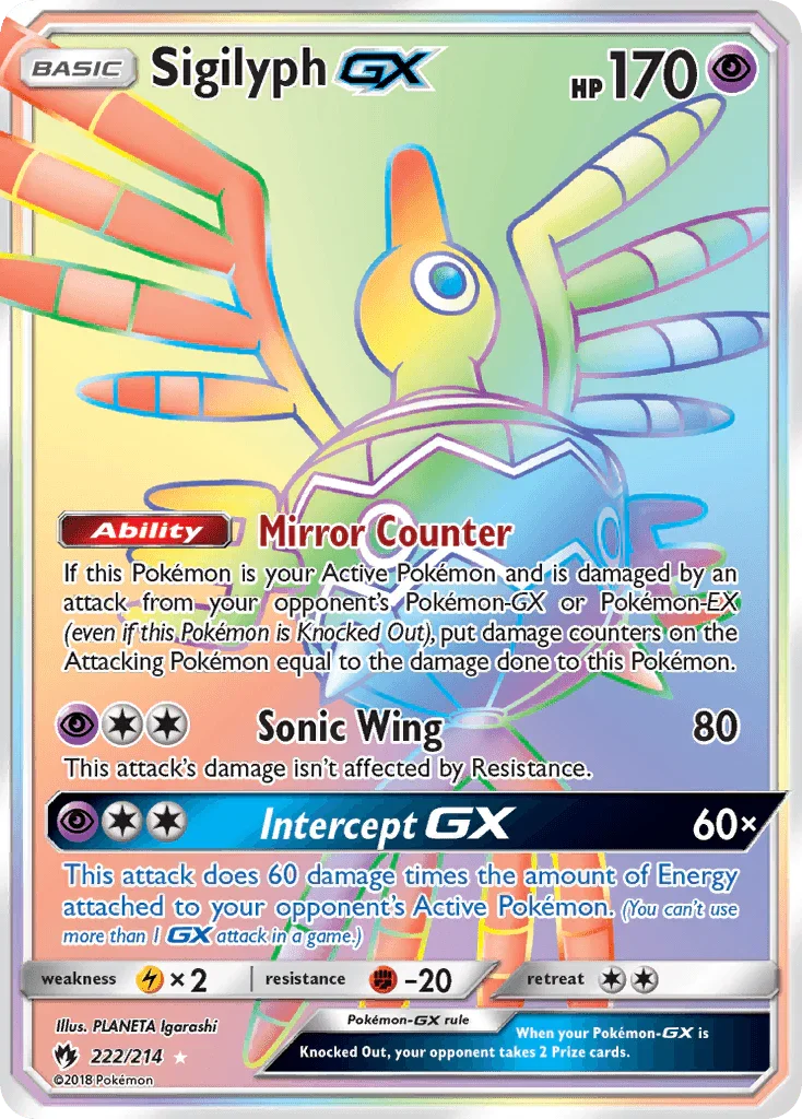 222, Fighting[-20], Holofoil, Lightning[×2], Psychic, Secret Rare, Sun & Moon: Lost Thunder Sigilyph GX (222/214) [Sun & Moon: Lost Thunder] - Trading Card World
