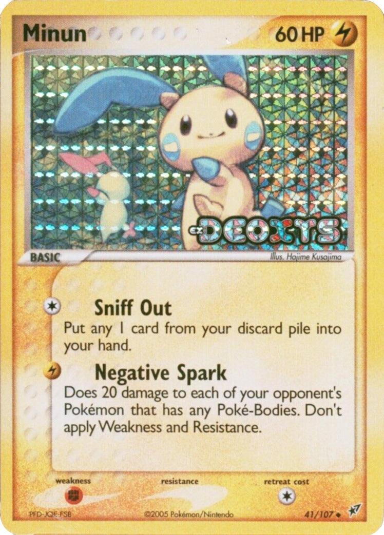 41, EX: Deoxys, Fighting[×2], Lightning, Reverse Holofoil, Uncommon Minun (41/107) (Stamped) [EX: Deoxys] - Trading Card World