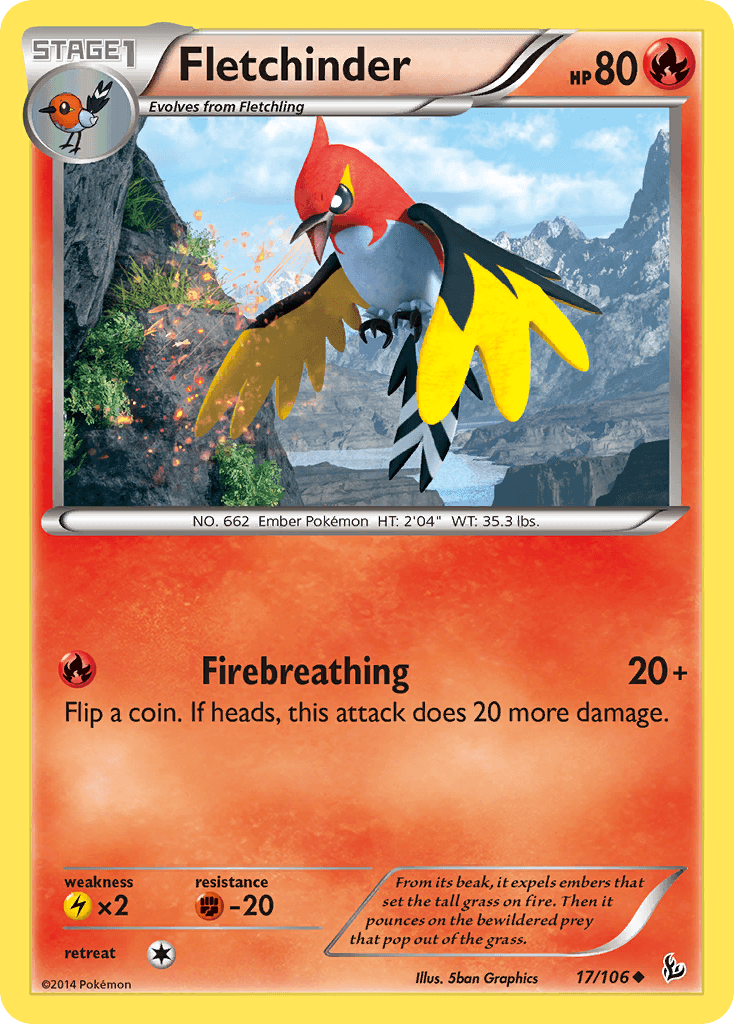 17, Fighting[-20], Fire, Lightning[×2], Normal, Reverse Holofoil, Uncommon, XY: Flashfire Fletchinder (17/106) [XY: Flashfire] - Trading Card World