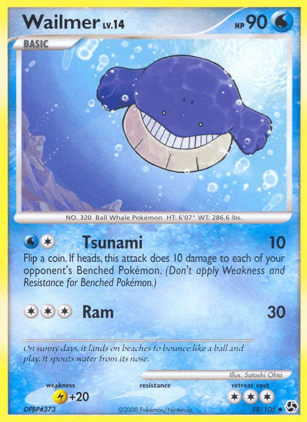 58, Diamond & Pearl: Great Encounters, Lightning[+20], Normal, Reverse Holofoil, Uncommon, Water Wailmer (58/106) [Diamond & Pearl: Great Encounters] - Trading Card World
