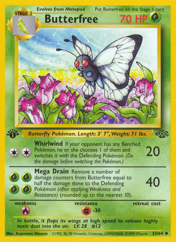 1st Edition Normal, 33, Fighting[-30], Fire[×2], Grass, Jungle 1st Edition, Uncommon Butterfree (33/64) [Jungle 1st Edition] - Trading Card World
