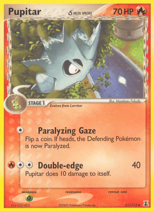 51, EX: Delta Species, Fire, Grass[×2], Normal, Uncommon Pupitar (51/113) (Delta Species) [EX: Delta Species] - Trading Card World