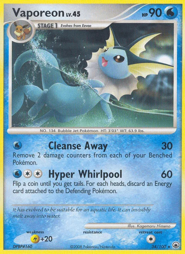 34, Diamond & Pearl: Majestic Dawn, Lightning[+20], Normal, Rare, Reverse Holofoil, Water Vaporeon (34/100) [Diamond & Pearl: Majestic Dawn] - Trading Card World