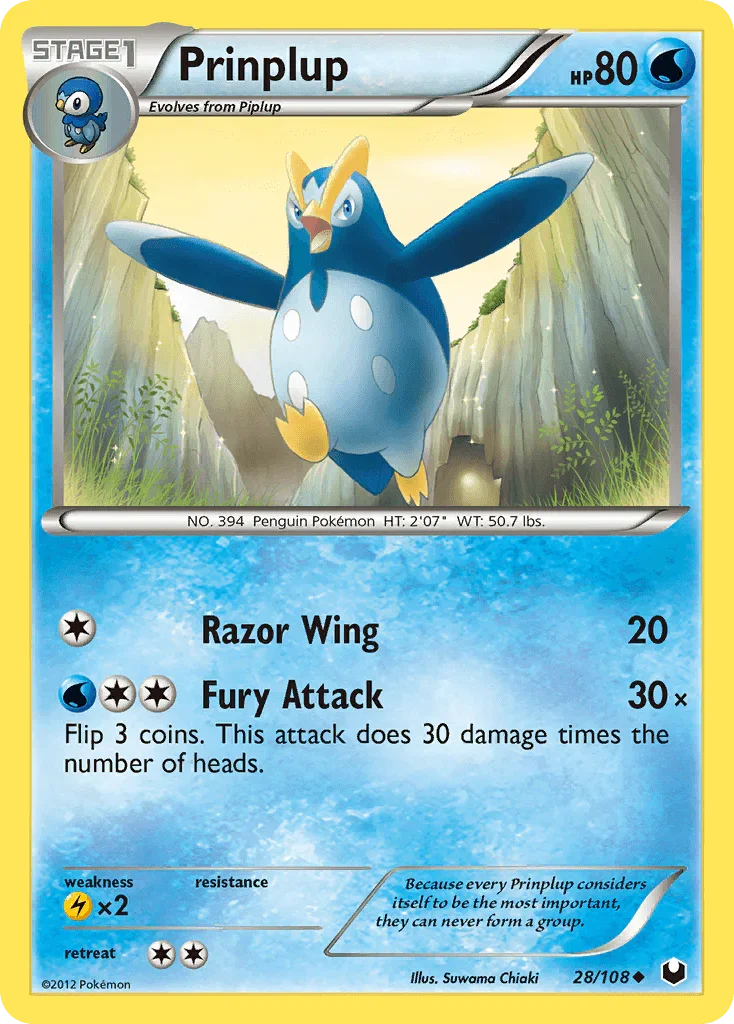 28, Black & White: Dark Explorers, Lightning[×2], Normal, Reverse Holofoil, Uncommon, Water Prinplup (28/108) [Black & White: Dark Explorers] - Trading Card World