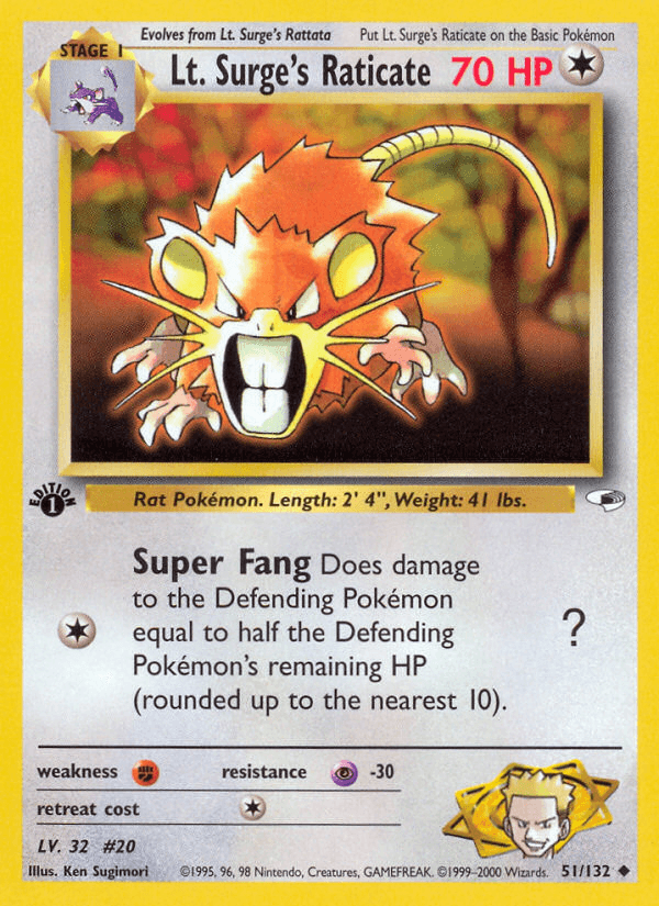 1st Edition Normal, 51, Colorless, Fighting[×2], Gym Heroes 1st Edition, Psychic[-30], Uncommon Lt. Surge's Raticate (51/132) [Gym Heroes 1st Edition] - Trading Card World