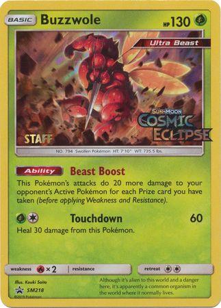 Fire[×2], Grass, Holofoil, Promo, SM218, Sun & Moon: Black Star Promos Buzzwole (SM218) (Staff Prerelease Promo) [Sun & Moon: Black Star Promos] - Trading Card World