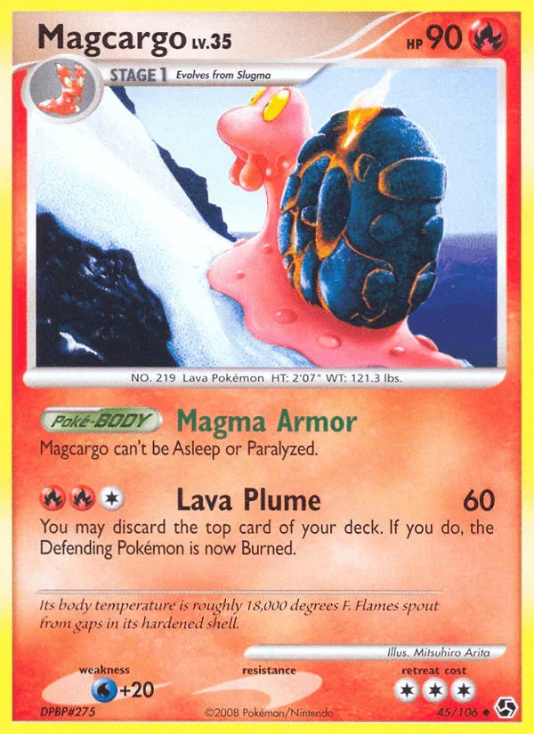 45, Diamond & Pearl: Great Encounters, Fire, Normal, Reverse Holofoil, Uncommon, Water[+20] Magcargo (45/106) [Diamond & Pearl: Great Encounters] - Trading Card World