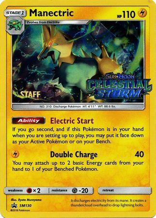 Fighting[×2], Holofoil, Lightning, Metal[-20], Promo, SM130, Sun & Moon: Black Star Promos Manectric (SM130) (Staff Prerelease Promo) [Sun & Moon: Black Star Promos] - Trading Card World