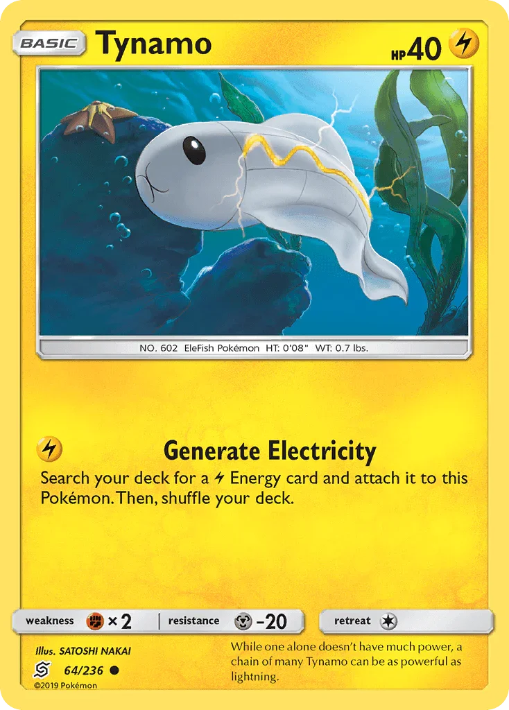 64, Common, Fighting[×2], Lightning, Metal[-20], Normal, Reverse Holofoil, Sun & Moon: Unified Minds Tynamo (64/236) [Sun & Moon: Unified Minds] - Trading Card World
