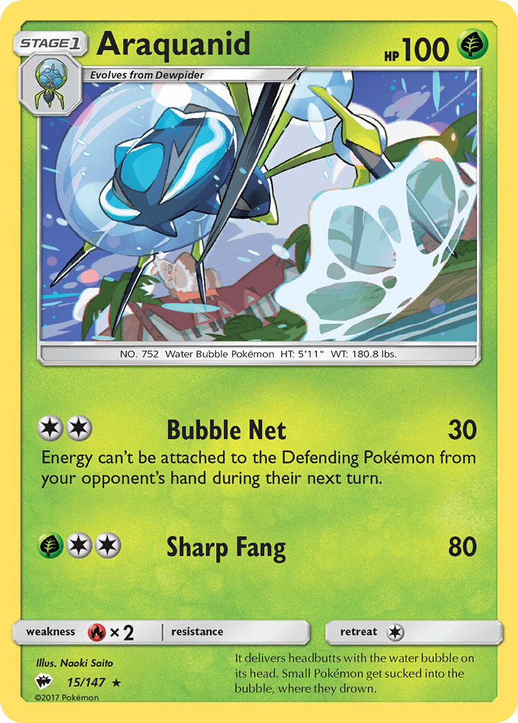 15, Fire[×2], Grass, Normal, Rare, Reverse Holofoil, Sun & Moon: Burning Shadows Araquanid (15/147) [Sun & Moon: Burning Shadows] - Trading Card World