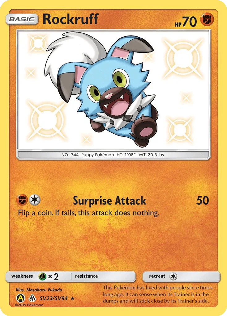 Fighting, Grass[×2], Holofoil, Sun & Moon: Hidden Fates - Shiny Vault, SV23, Ultra Rare Rockruff (SV23/SV94) [Sun & Moon: Hidden Fates - Shiny Vault] - Trading Card World