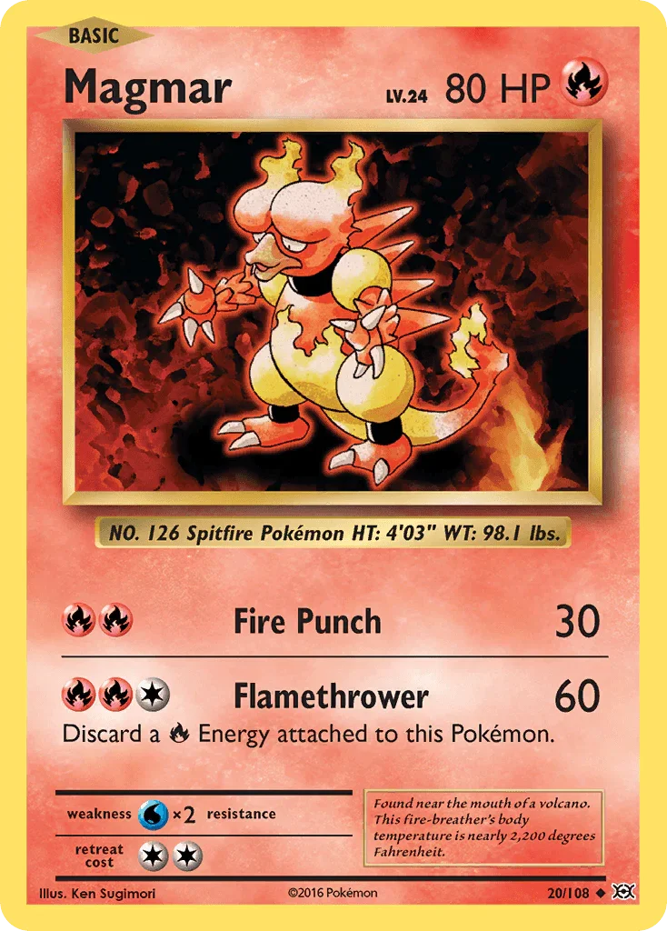 20, Fire, Normal, Reverse Holofoil, Uncommon, Water[×2], XY: Evolutions Magmar (20/108) [XY: Evolutions] - Trading Card World