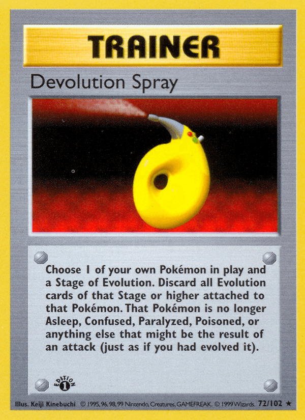 1st Edition Normal, 72, Base Set 1st Edition, Rare, Trainer Devolution Spray (72/102) (Shadowless) [Base Set 1st Edition] - Trading Card World