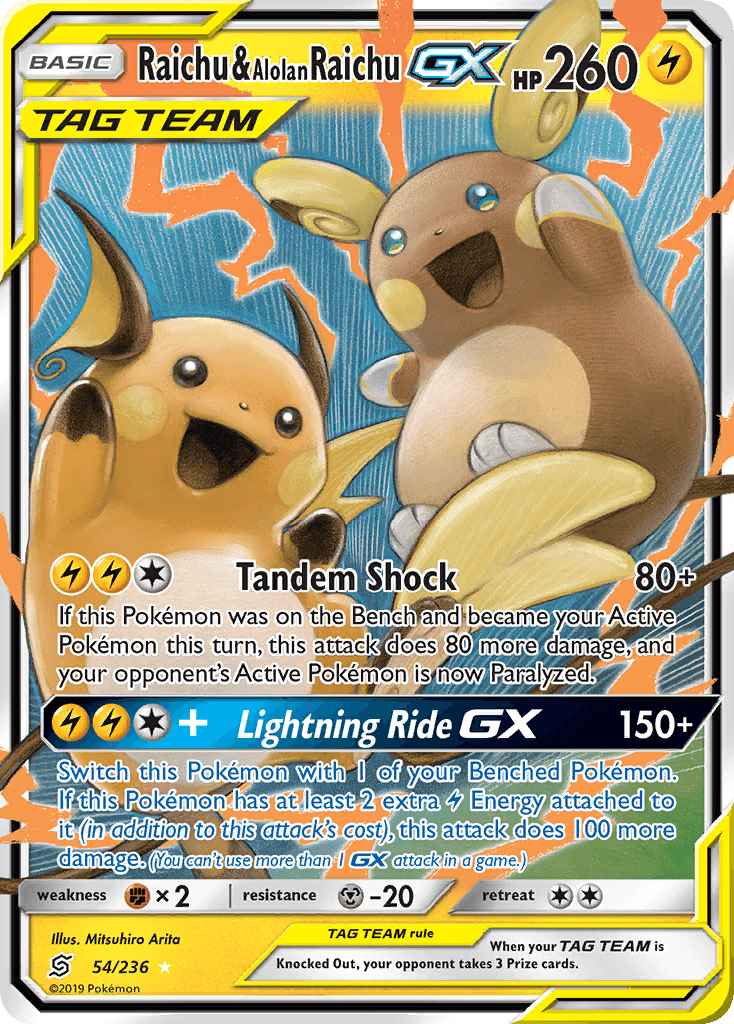 54, Fighting[×2], Holofoil, Lightning, Metal[-20], Sun & Moon: Unified Minds, Ultra Rare Raichu & Alolan Raichu GX (54/236) [Sun & Moon: Unified Minds] - Trading Card World