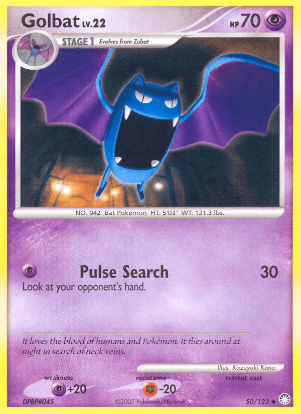 50, Diamond & Pearl: Mysterious Treasures, Fighting[-20], Normal, Psychic, Psychic[+20], Reverse Holofoil, Uncommon Golbat (50/123) [Diamond & Pearl: Mysterious Treasures] - Trading Card World