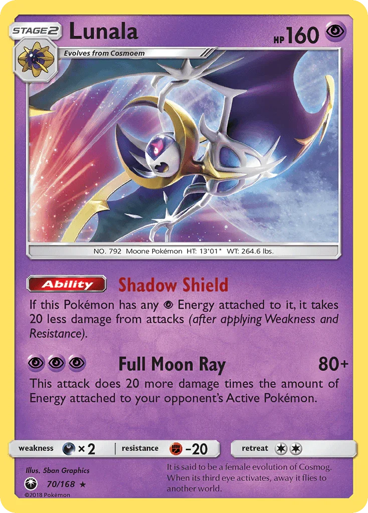 70, Darkness[×2], Fighting[-20], Holo Rare, Holofoil, Psychic, Reverse Holofoil, Sun & Moon: Celestial Storm Lunala (70/168) [Sun & Moon: Celestial Storm] - Trading Card World