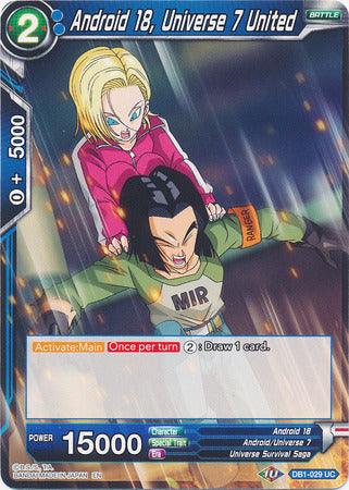 Android 18, Android/Universe 7, Battle, Blue, DB1-029, Dragon Brawl, Normal, Parallel Foil, Uncommon, Universe Survival Saga Android 18, Universe 7 United (DB1-029) [Dragon Brawl] - Trading Card World