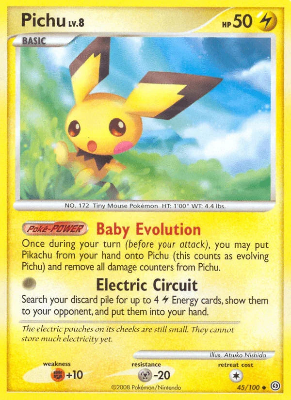 45, Diamond & Pearl: Stormfront, Fighting[+10], Lightning, Metal[-20], Normal, Reverse Holofoil, Uncommon Pichu (45/100) [Diamond & Pearl: Stormfront] - Trading Card World