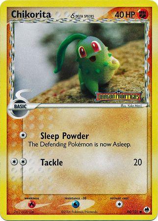 44, Common, EX: Dragon Frontiers, Fighting, Fire[×2], Reverse Holofoil, Water[-30] Chikorita (44/101) (Delta Species) (Stamped) [EX: Dragon Frontiers] - Trading Card World