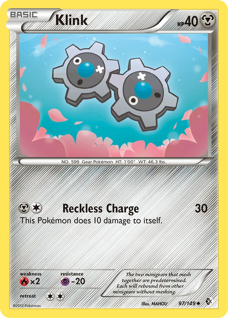 97, Black & White: Boundaries Crossed, Fire[×2], Metal, Normal, Psychic[-20], Reverse Holofoil, Uncommon Klink (97/149) [Black & White: Boundaries Crossed] - Trading Card World