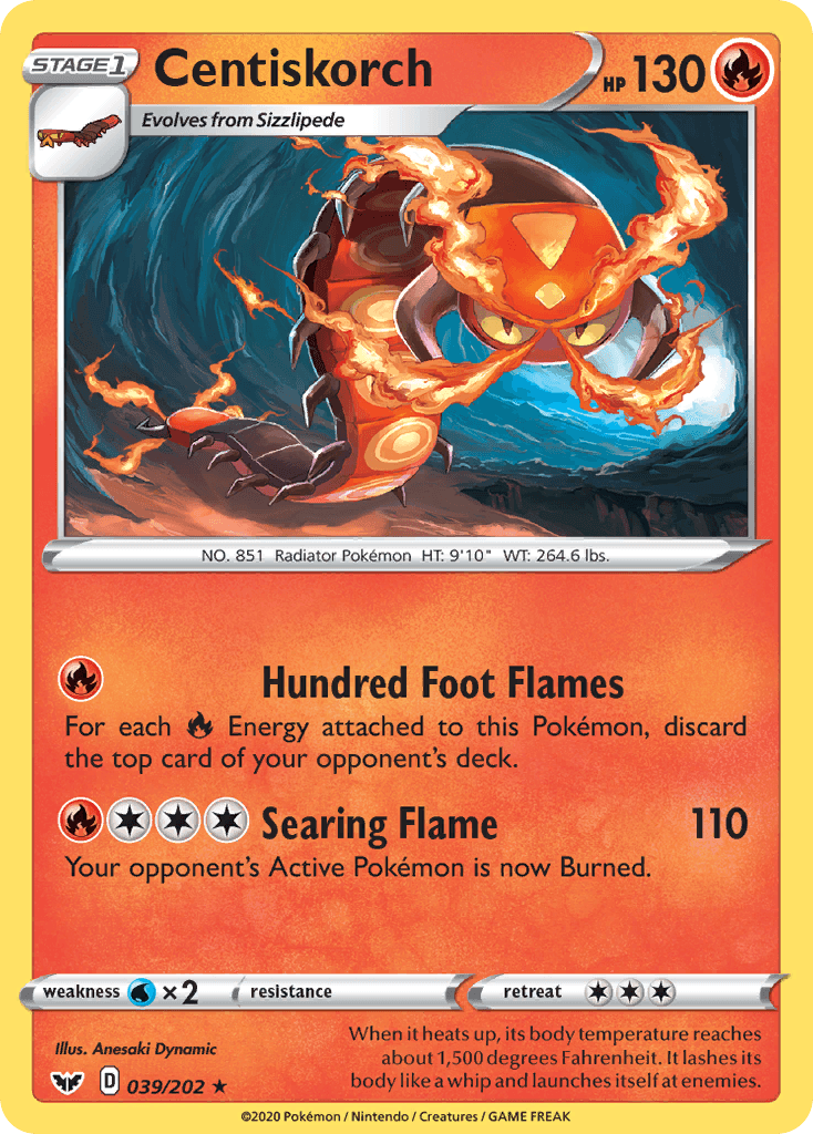 039, Fire, Normal, Rare, Reverse Holofoil, Sword & Shield: Base Set, Water[×2] Centiskorch (039/202) [Sword & Shield: Base Set] - Trading Card World