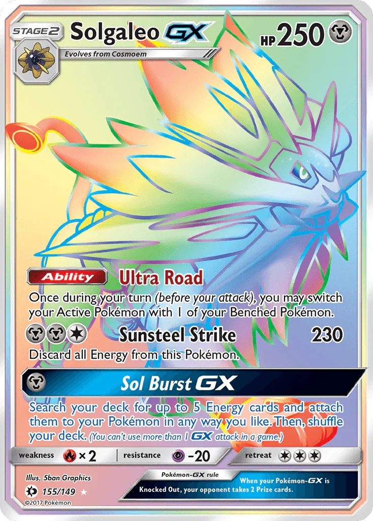 155, Fire[×2], Holofoil, Metal, Psychic[-20], Secret Rare, Sun & Moon: Base Set Solgaleo GX (155/149) [Sun & Moon: Base Set] - Trading Card World