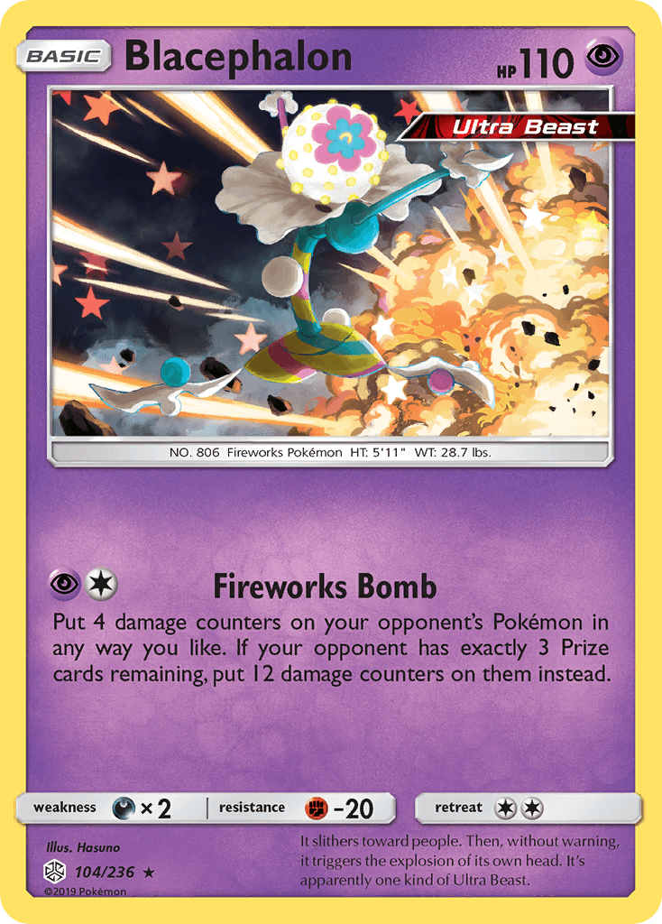 Darkness[×2], Fighting[-20], Holo Rare, Holofoil, Psychic, Reverse Holofoil, Sun & Moon: Cosmic Eclipse Blacephalon (104/236) [Sun & Moon: Cosmic Eclipse] - Trading Card World
