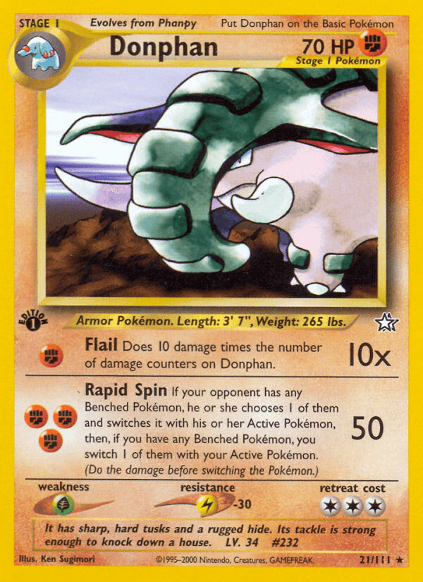 1st Edition Normal, 21, Fighting, Grass[×2], Lightning[-30], Neo Genesis 1st Edition, Rare Donphan (21/111) [Neo Genesis 1st Edition] - Trading Card World