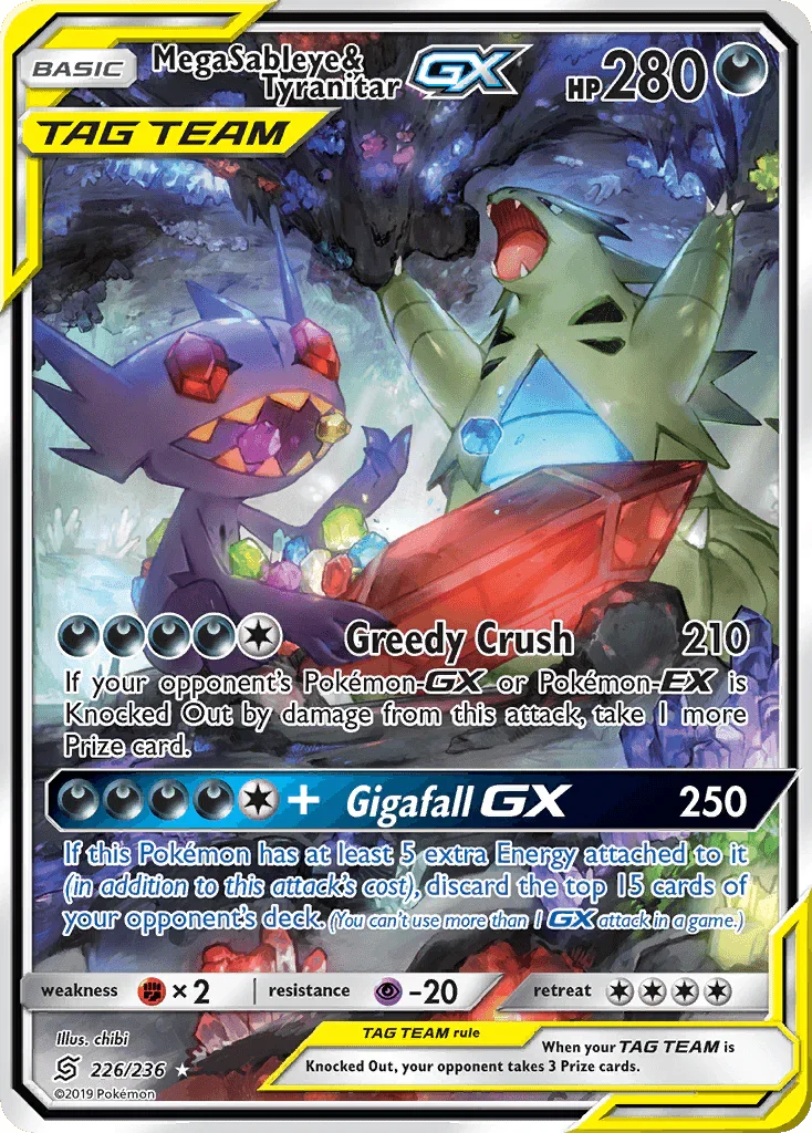 226, Darkness, Fighting[×2], Holofoil, Psychic[-20], Sun & Moon: Unified Minds, Ultra Rare Mega Sableye & Tyranitar GX (226/236) [Sun & Moon: Unified Minds] - Trading Card World