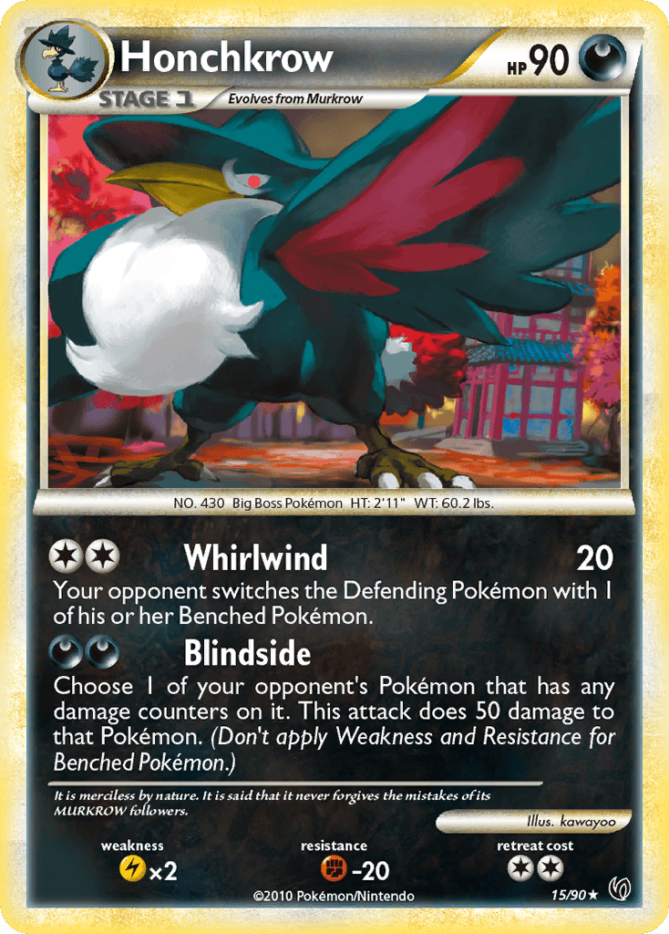 15, Darkness, Fighting[-20], HeartGold & SoulSilver: Undaunted, Lightning[×2], Normal, Rare, Reverse Holofoil Honchkrow (15/90) [HeartGold & SoulSilver: Undaunted] - Trading Card World