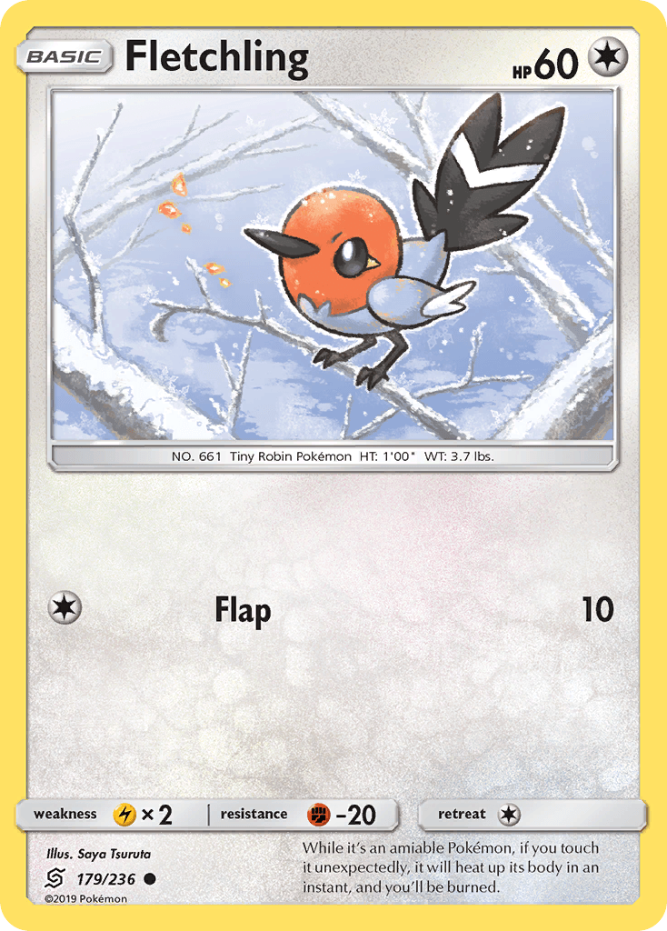 179, Colorless, Common, Fighting[-20], Lightning[×2], Normal, Reverse Holofoil, Sun & Moon: Unified Minds Fletchling (179/236) [Sun & Moon: Unified Minds] - Trading Card World