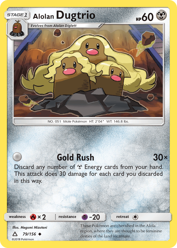 79, Fire[×2], Metal, Normal, Psychic[-20], Reverse Holofoil, Sun & Moon: Ultra Prism, Uncommon Alolan Dugtrio (79/156) [Sun & Moon: Ultra Prism] - Trading Card World