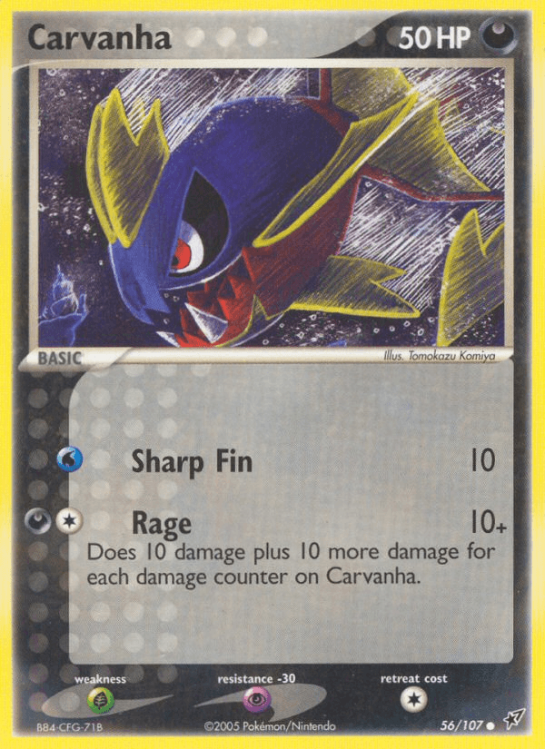 56, Common, Darkness, EX: Deoxys, Grass[×2], Normal, Psychic[-30] Carvanha (56/107) [EX: Deoxys] - Trading Card World