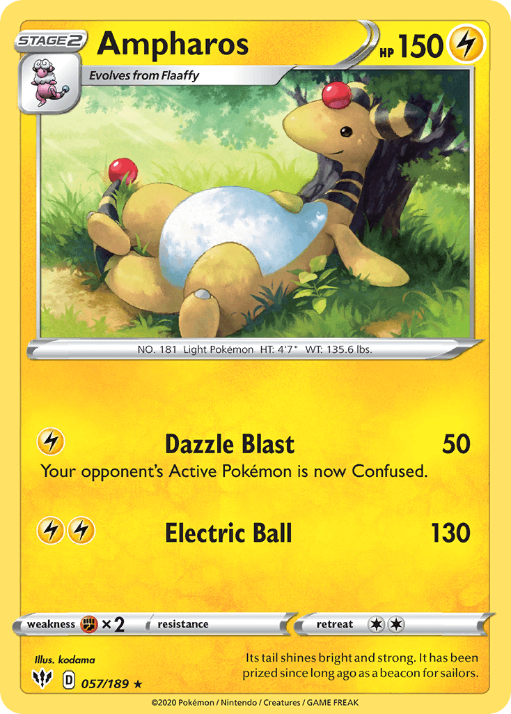 057, Fighting[×2], Lightning, Normal, Rare, Reverse Holofoil, Sword & Shield: Darkness Ablaze Ampharos (057/189) [Sword & Shield: Darkness Ablaze] - Trading Card World