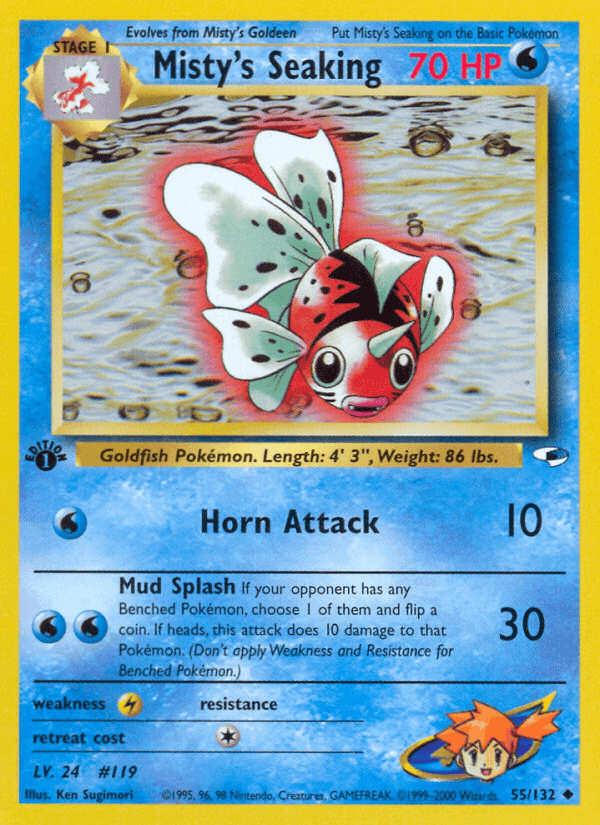 1st Edition Normal, 55, Gym Heroes 1st Edition, Lightning[×2], Uncommon, Water Misty's Seaking (55/132) [Gym Heroes 1st Edition] - Trading Card World