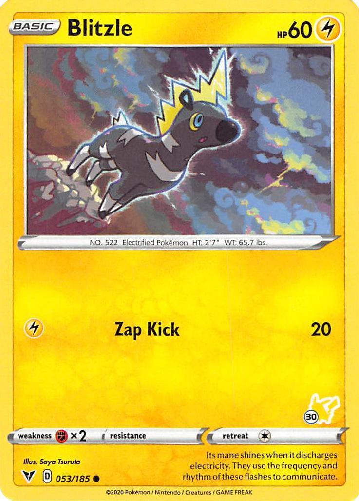 053, Battle Academy 2022, Common, Fighting [x2], Lightning, Normal Blitzle (053/185) (Pikachu Stamp #30) [Battle Academy 2022] - Trading Card World