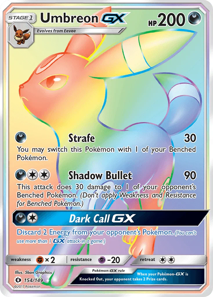 154, Darkness, Fighting[×2], Holofoil, Psychic[-20], Secret Rare, Sun & Moon: Base Set Umbreon GX (154/149) [Sun & Moon: Base Set] - Trading Card World
