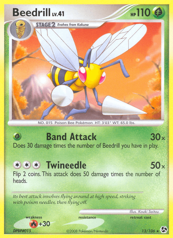 13, Diamond & Pearl: Great Encounters, Fire[+30], Grass, Normal, Rare, Reverse Holofoil Beedrill (13/106) [Diamond & Pearl: Great Encounters] - Trading Card World