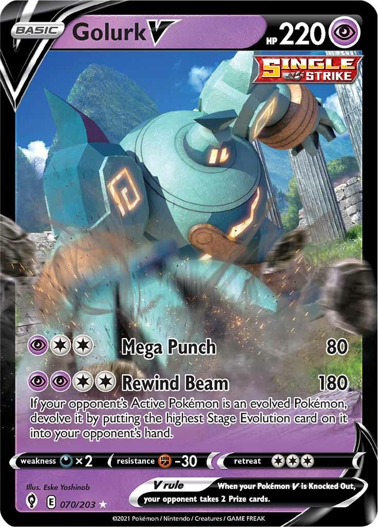 070, Darkness [x2], Fighting [-30], Holofoil, noPrice, Psychic, Reverse Holofoil, Sword & Shield: Evolving Skies, Ultra Rare Golurk V (070/203) [Sword & Shield: Evolving Skies] - Trading Card World