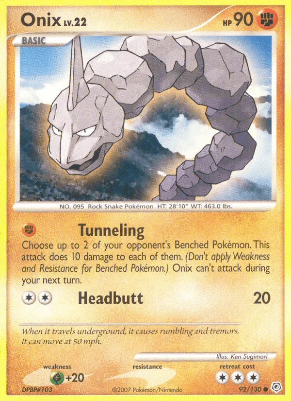 92, Common, Diamond & Pearl: Base Set, Fighting, Grass[+20], Normal, Reverse Holofoil Onix (92/130) [Diamond & Pearl: Base Set] - Trading Card World