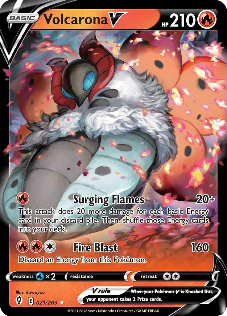 021, Fire, Holofoil, Sword & Shield: Evolving Skies, Ultra Rare, Water [x2] Volcarona V (021/203) [Sword & Shield: Evolving Skies] - Trading Card World