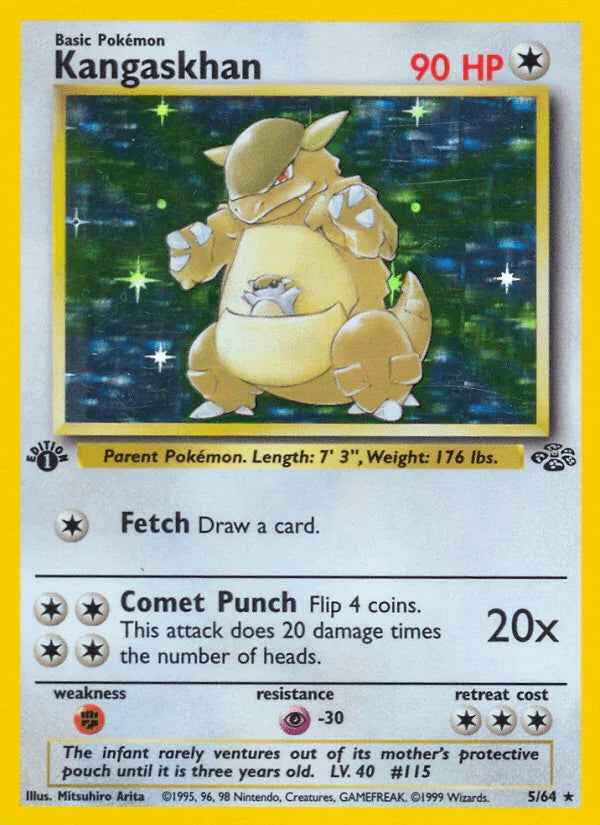 1st Edition Holofoil, Colorless, Fighting[×2], Holo Rare, Jungle 1st Edition, Psychic[-30] Kangaskhan (5/64) [Jungle 1st Edition] - Trading Card World