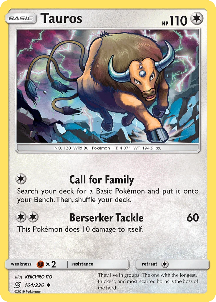 164, Colorless, Fighting[×2], Normal, Reverse Holofoil, Sun & Moon: Unified Minds, Uncommon Tauros (164/236) [Sun & Moon: Unified Minds] - Trading Card World
