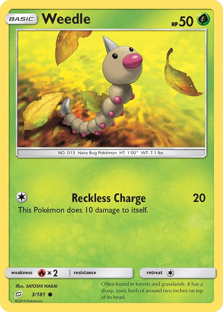 Common, Fire[×2], Grass, Normal, Reverse Holofoil, Sun & Moon: Team Up Weedle (3/181) [Sun & Moon: Team Up] - Trading Card World
