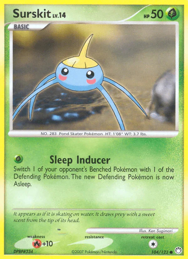 Common, Diamond & Pearl: Mysterious Treasures, Fire[+10], Grass, Normal, Reverse Holofoil Surskit (104/123) [Diamond & Pearl: Mysterious Treasures] - Trading Card World