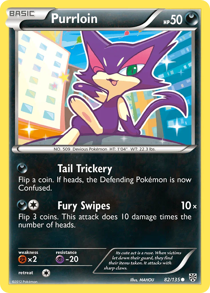 82, Black & White: Plasma Storm, Common, Darkness, Fighting[×2], Normal, Psychic[-20], Reverse Holofoil Purrloin (82/135) [Black & White: Plasma Storm] - Trading Card World