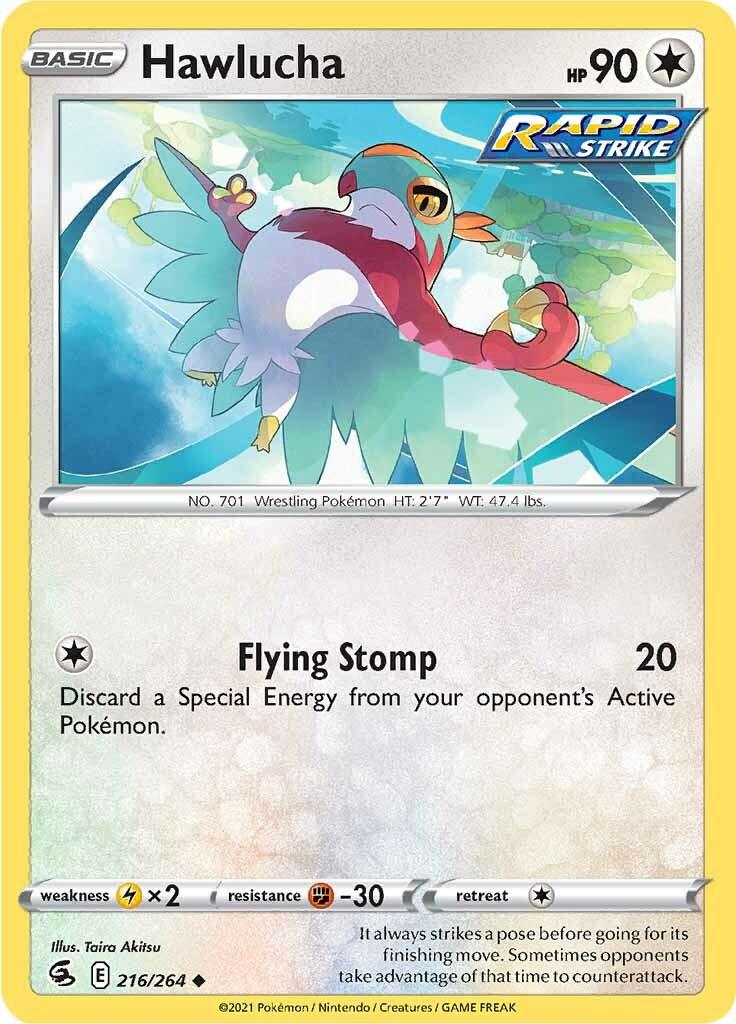 216, Colorless, Fighting [-30], Lightning [x2], Normal, Reverse Holofoil, Sword & Shield: Fusion Strike, Uncommon Hawlucha (216/264) [Sword & Shield: Fusion Strike] - Trading Card World