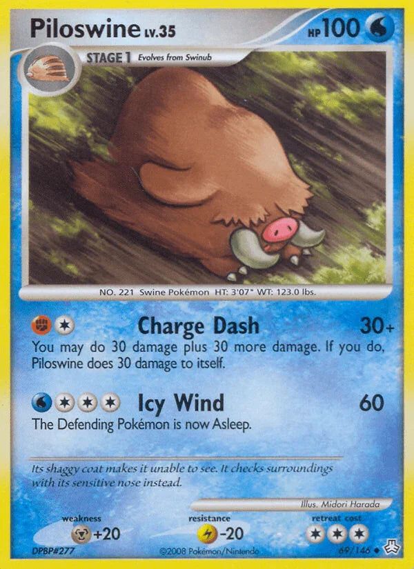 69, Diamond & Pearl: Legends Awakened, Lightning[-20], Metal[+20], Normal, Reverse Holofoil, Uncommon, Water Piloswine (69/146) [Diamond & Pearl: Legends Awakened] - Trading Card World