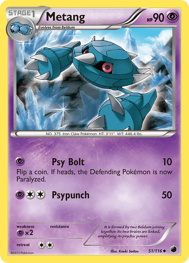 51, Black & White: Plasma Freeze, Normal, Psychic, Psychic[×2], Reverse Holofoil, Uncommon Metang (51/116) [Black & White: Plasma Freeze] - Trading Card World