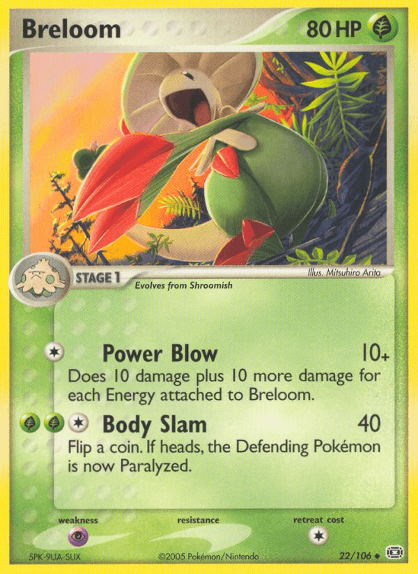 22, EX: Emerald, Grass, Normal, Psychic[×2], Uncommon Breloom (22/106) [EX: Emerald] - Trading Card World